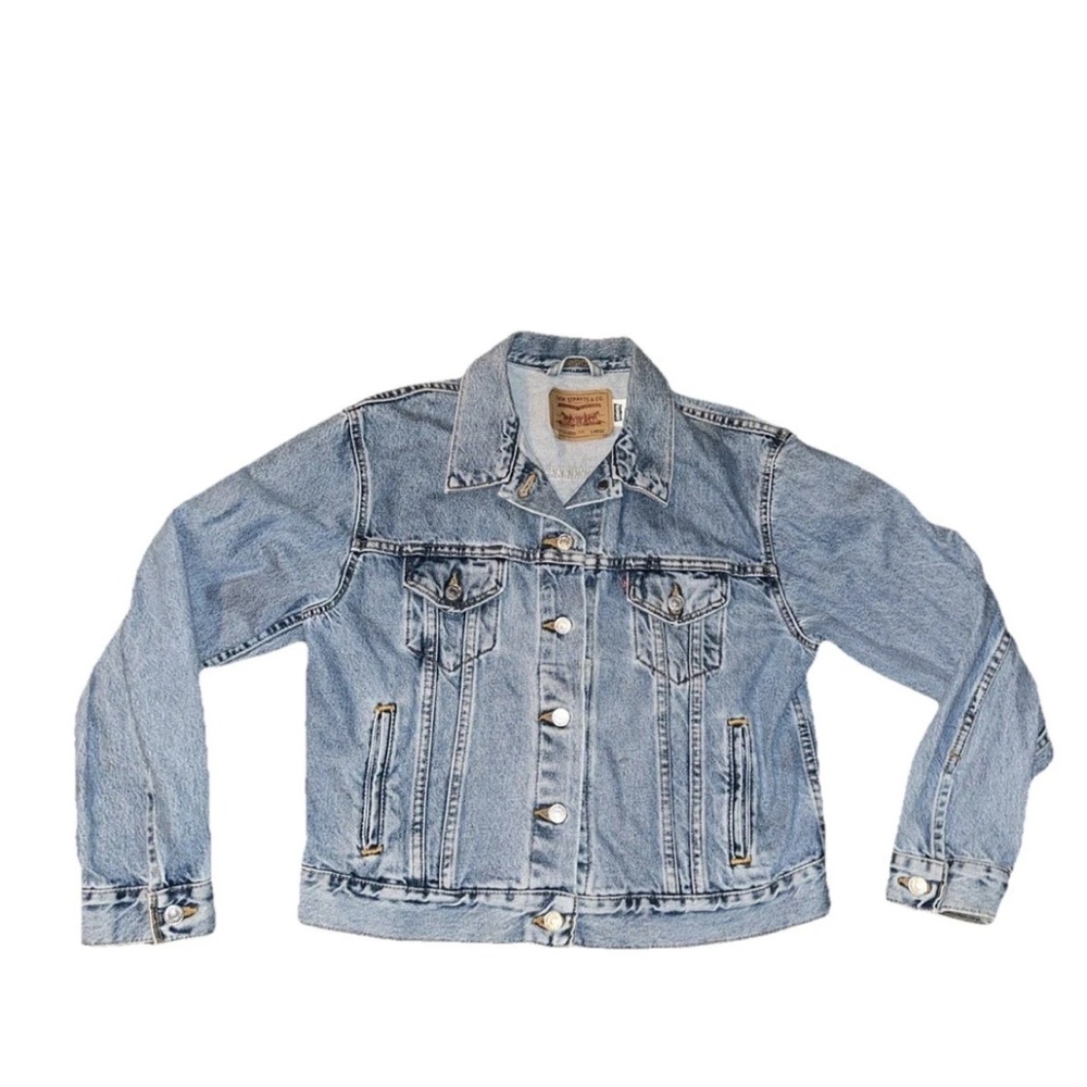 Levis Denim Jacket Mens Large Light Wash Trucker Button Front Red Tab Pockets